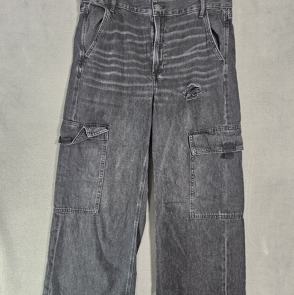 American Eagle Jeans Womens Size 12 Black Super High Rise Stretch Baggy Wide Leg
